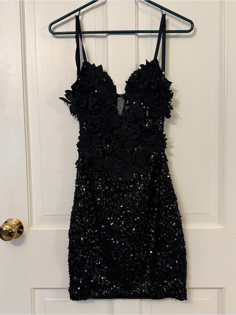 Black Floral Appliqué Sequin Slip Dress